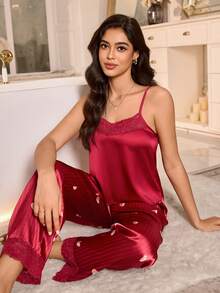 LuxeNights Women's Heart Striped Print Lace Trim Pajama Set - Red - View 1