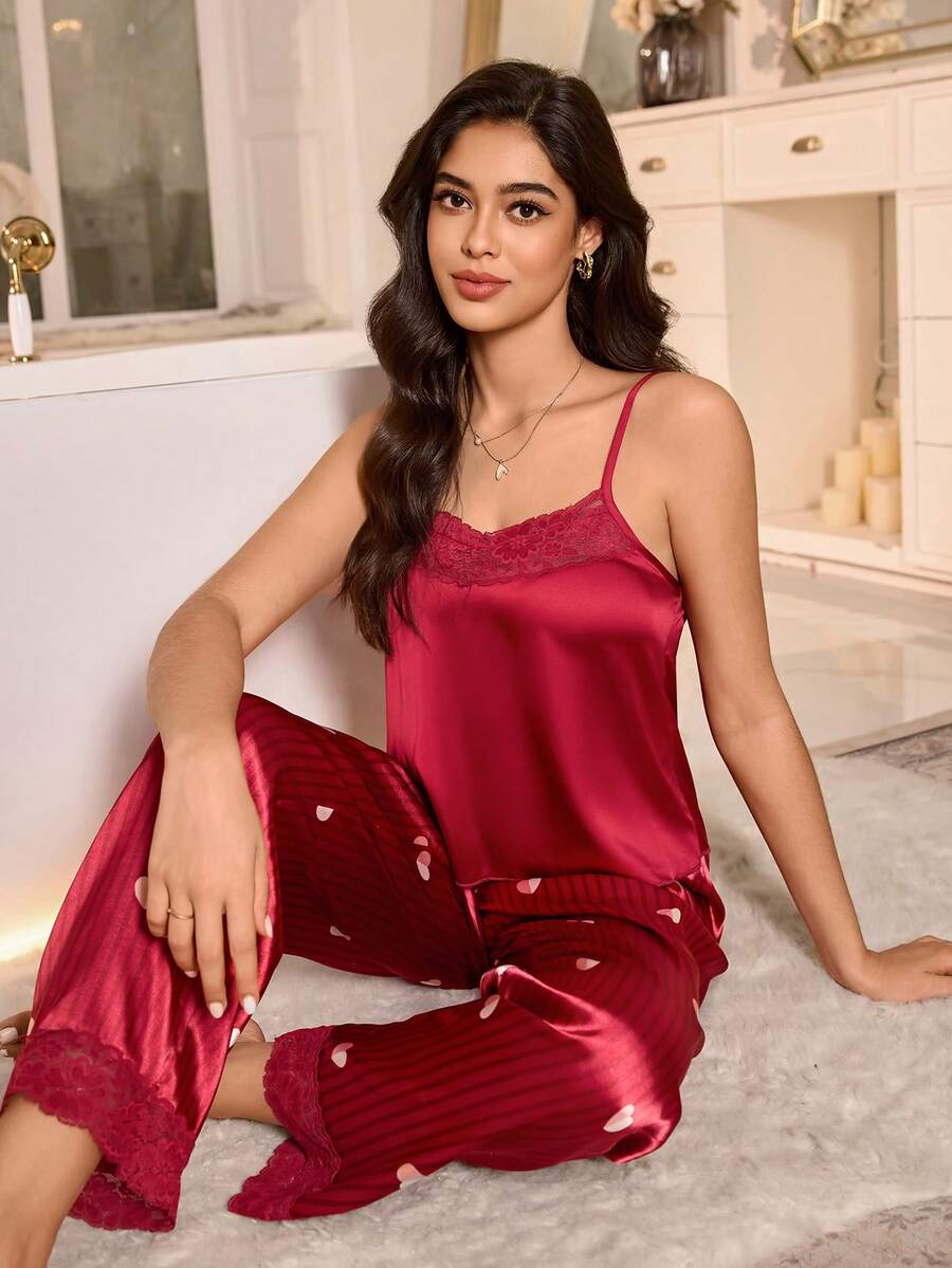 LuxeNights Women's Heart Striped Print Lace Trim Pajama Set - Red - View 1