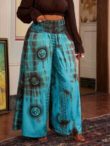 Maweii Plus Size Placement Print Cinched Waist Loose Casual Vacation Pants - Multicolor - View 4