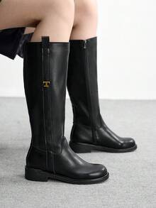 CUCCOO BIZCHIC 女士复古修身高筒骑马靴，深色PU材质，粗跟圆头过膝长靴，秋冬新款百搭单品 - 黑色 - 查看 1