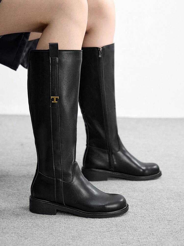 CUCCOO BIZCHIC Women's Vintage Slimming High Shaft Riding Boots, Dark Colored PU Material, Thick Heel Round Toe Knee High Boots, Versatile Autumn/Winter New Arrival Valentine's Day Spring Shoes