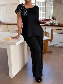 Napfluff CURVE Napfluff CURVE Asymmetrical Neckline, Sleeve Ruched Polka Dot Decor Short Sleeve & Long Pants Plus Size Pajama Set - Black - View 3
