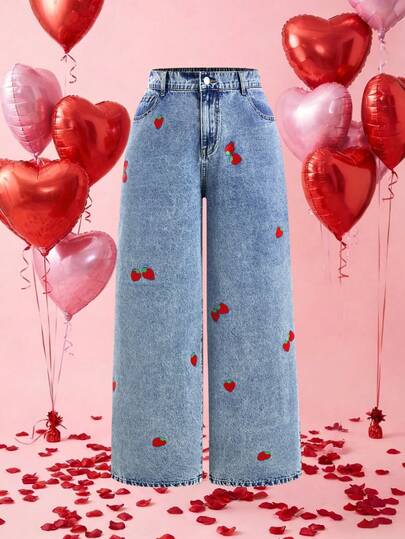 SHEIN MOD 大码女式休闲日常通勤情人节约会草莓印花水洗宽松阔腿牛仔裤