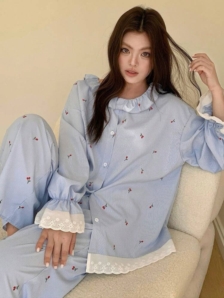 Dazy Plus 2pcs Cherry Pattern Patchwork Lace Collar Loose Casual Top And Long Pants Pajama Set, Plus Size Women Sleepwear