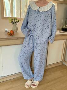 Dazy Plus Plus Size Women Bow Polka Dot Print Ruffle Trim Long Sleeve Top And Pants Pajama Set - Blue - View 1