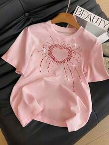 Resyla Women's Casual Red Heart Rhinestone Graphic Short Sleeve T-Shirt, Suitable For Daily Wear, Dates, Commuting In Summer - Pink - View 3