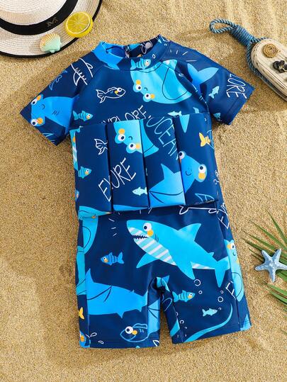 SHEIN Young Boys Soft Knit Cartoon Dinosaur Print Long Sleeve Buoyancy Swimsuit, Suitable For Beach, Pool, Vacation In Summer
