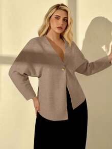 Auralis Plus Size Fashionable Commuter Solid Color Batwing Sleeve Asymmetric Hem Blouse - Apricot - View 3