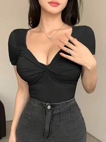 Joudiya 女士V领扭结短袖修身露脐T恤外出上衣 - 黑色 - 查看 4