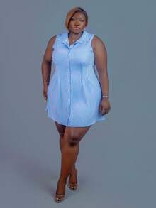 CurvyTilda 2025 春夏新款女装加大码优雅通勤休闲办公室蓝白条纹梭织面料无袖腰部收腰衬衫裙 - 藍白色 - 查看 6