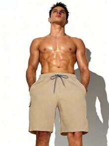 Manfinity KASUA Men's Drawstring Waist Cargo Pocket Casual Beach Shorts - Khaki - View 3