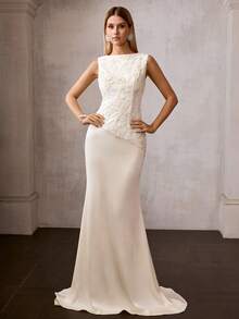 MOTF Soiréza 刺绣拼接美人鱼长款鸡尾酒礼服，春夏款 - 杏色 - 查看 5