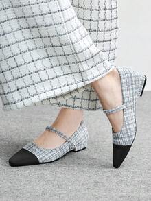 CUCCOO BIZCHIC 女士新款灰色法式低跟尖头简约时尚针织玛丽珍鞋，圣诞节必备 - 藍色格子 - 查看 3