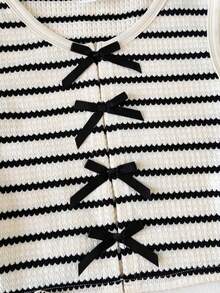 SHEIN Tween Girls' Brown & White Striped Knit Textured Sleeveless Crop Top And Loose Shorts 2-Piece Vacation Casual Outfit, Spring/Summer - Brown - View 4