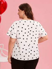 SHEIN Clasi 大码优雅爱心印花圆领荷叶袖衬衫，夏季 - 白色 - 查看 2