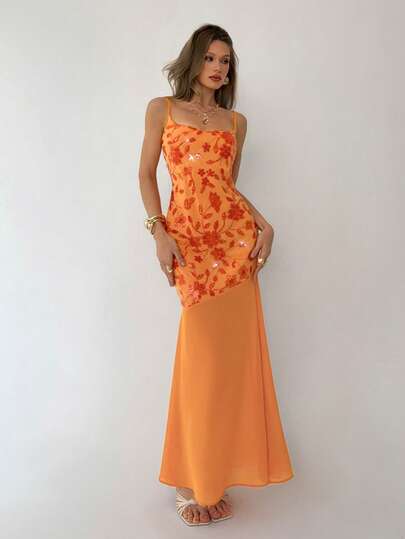 Aloruh Nieuwe effen oranje maxi-jurk voor dames van chiffon met pailletten en borduursels, spaghettibandjes en een zeemeerminzoom, met een sexy gedrapeerde halslijn, geschikt voor feestjes, bruiloften, strand, vakantie, avondjes uit en dates.