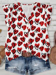 EMERY ROSE 休闲简约红色爱心印花大码衬衫，适合新年和情人节穿着 - 彩色 - 查看 1