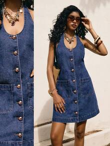 Poéselle Women's Denim Dress, Fitted Halter Neck, Single-Breasted Metal Button, Backless Casual Suspender Denim Dress, Dark Blue Summer Dress. Spring Clothing Valentine's Day Beach Dress Vacation Dress Casual Dresses For Women Holiday Clothes - Dark Wash - View 1