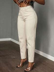 Slaydiva 大码纯色休闲牛仔裤 - 米色 - 查看 3