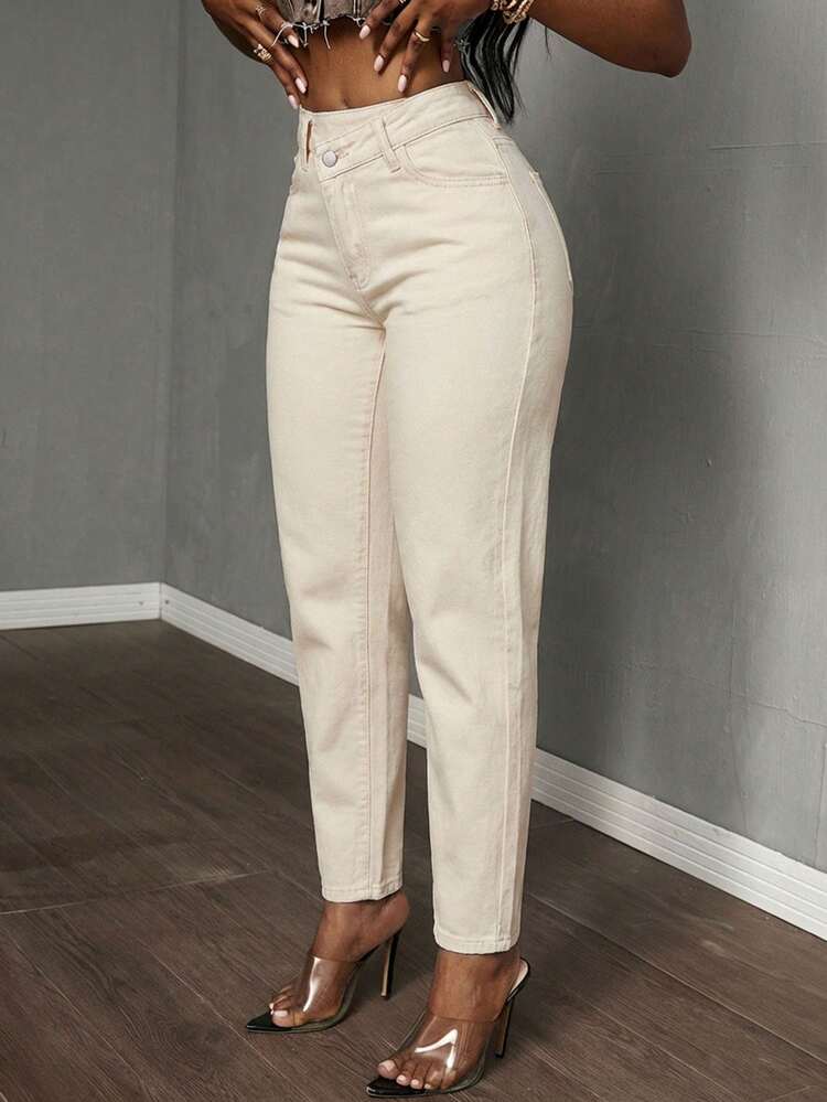 Slaydiva Quần jean denim trơn màu cỡ lớn kiểu dáng thường ngày - Màu be - Xem 3