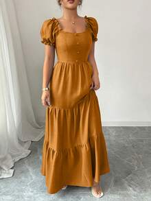 Elenzga 女士优雅长裙，独特领口设计，多层拼接，荷叶边装饰，修身剪裁，层叠式设计/假日/波西米亚风/浪漫风/度假休闲风 - 芥末黃 - 查看 3