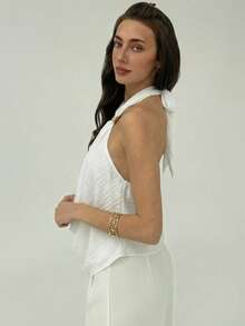 Aloruh Áo croptop cổ yếm xếp ly màu trơn dành cho nữ - trắng - Xem 4