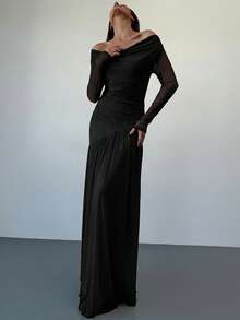 Aloruh 新款露肩长袖撞色网纱刺绣不对称下摆拼接高弹显瘦连衣裙 - 黑色 - 查看 4