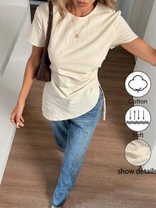 Elyressa 纯色圆领褶裥不对称下摆优雅短袖衬衫 - 杏色 - 查看 5