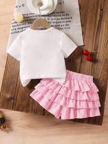 SHEIN LMoss Kids 两件套女童樱桃印花针织上衣和格子半裙套装 - 淺粉色 - 查看 2