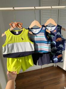 SHEIN 6件套男童夏季休闲度假可爱卡通条纹背心短裤基础款套装 - 彩色 - 查看 5