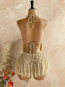 Soleia 两件套波西米亚风吊带露背系带吊带背心和流苏短裤套装，波西米亚风，度假，复古，节日，音乐节 - 杏色 - 查看 2