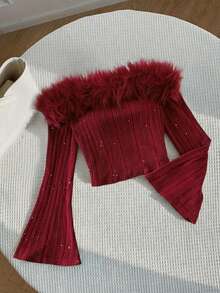 SHEIN Áo thun tay loe hở vai, trang trí bông xù, giản dị, thanh lịch dành cho bé gái tuổi mới lớn - Màu Đỏ Sâu - Xem 2