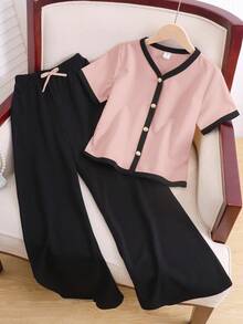SHEIN 2pcs Tween Girl Contrast Color V-Neck Short Sleeve Shirt And Casual Pants Set - Pink - View 7