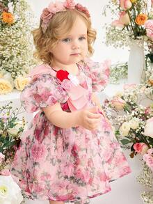 女宝宝优雅可爱碎花薄纱公主裙 - 粉色 - 查看 7