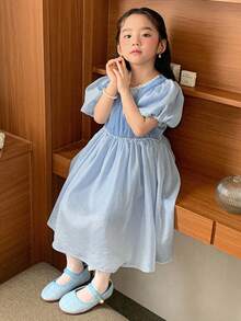 DAZY Young Girl' Round Neck Birthday Party Puff Sleeve Korean Style Formal Dress - Blue - View 5