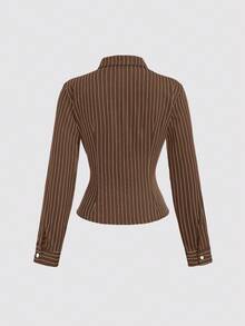 Sweetra Fashionable Contrast Color Textured Button Fitted Waist Flattering Striped Collar Long Sleeve Blouse For Women - Coffee Brown - View 3