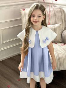 Elladie kids 女童白色领蝴蝶结设计宽松A字连衣裙 - 藍色 - 查看 4