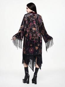 ROMWE Goth Dark Witch Crystal Ball Mysterious Eye Candle Holder Book Velvet Allover Print Patchwork Tassel Cover Up Shawl - Multicolor - View 3