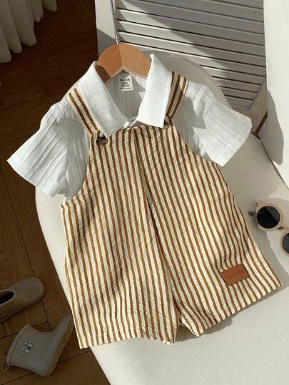 SHEIN 男女宝宝通用款休闲可爱棕色条纹背带短裤连体衣，春夏男宝宝服装