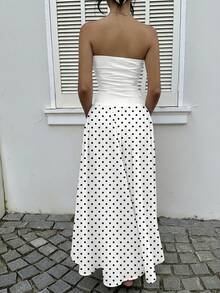 MainGRL Women's White Polka Dot Print Ruffle Hem Strapless Dress, Suitable For Vacation, Autumn Fashion, Wedding Guest Attire, Birthday Party, Outdoor Wear Strapless Maxi Dress Women White Polka Dot Dress Vacation Outfits Woman - Multicolor - View 2