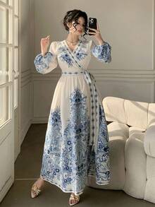 DAZY Women's Elegant Floral Print V-Neck Puff Sleeve Tie Waist Mid-Length Dress, Spring/Summer Wedding Guest Dress - Blue - View 8