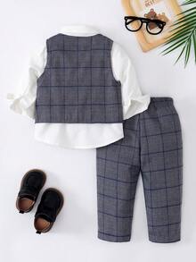 Bộ 2 món áo vest kẻ caro và quần cạp chun cho bé trai, thích hợp cho tiệc sinh nhật, lễ rửa tội, lễ kỷ niệm sinh nhật lần thứ nhất, tiệc chiêu đãi, biểu diễn, đám cưới, lễ báp têm và các dịp khác. - Xám - Xem 3