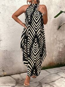 SHEIN Tall CURVE Plus Size Women Summer Zip Collar Sleeveless Striped Casual Elegant Dress - Multicolor - View 1