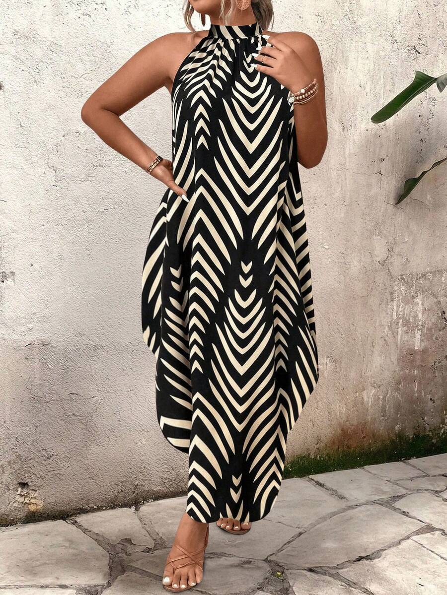 SHEIN Tall CURVE Plus Size Women Summer Zip Collar Sleeveless Striped Casual Elegant Dress - Multicolor - View 1