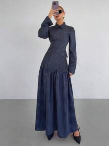 Siren Gaze 藏蓝色条纹通勤衬衫裙套装，秋冬款 - 藏蓝色 - 查看 5