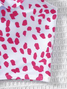 SHEIN Conjunto de traje de baño con estampado, volantes y patchwork, ideal para playa y piscina, para niña preadolescente en el Día de San Valentín - Rosa - Ver 4