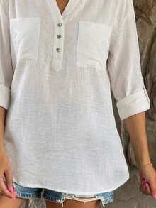 EMERY ROSE Plus Size Women White Long Sleeve Button-Up Shirt - White - View 3