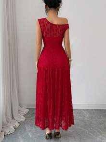 Elenzga 新款女士斜肩蕾丝针织连衣裙，带衬里，年轻优雅，适合情人节、圣诞节、派对等场合，修身百搭长裙 - 紅色 - 查看 2