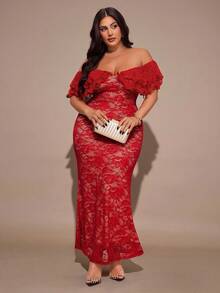 SHEIN BAE Đầm trễ vai màu đỏ xếp nếp thanh lịch gợi cảm dành cho nữ cỡ lớn, đầm đi biển nghỉ mát. - Đỏ - Xem 3