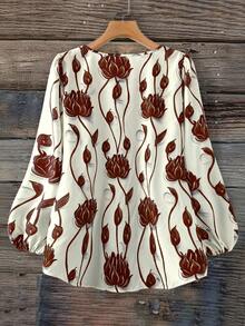 EMERY ROSE 大码女式休闲印花圆领长袖衬衫，蓝白印花，秋季服装，乡村音乐节衬衫，女士秋季衬衫，户外服装，2025新款 - 巧克力棕 - 查看 2